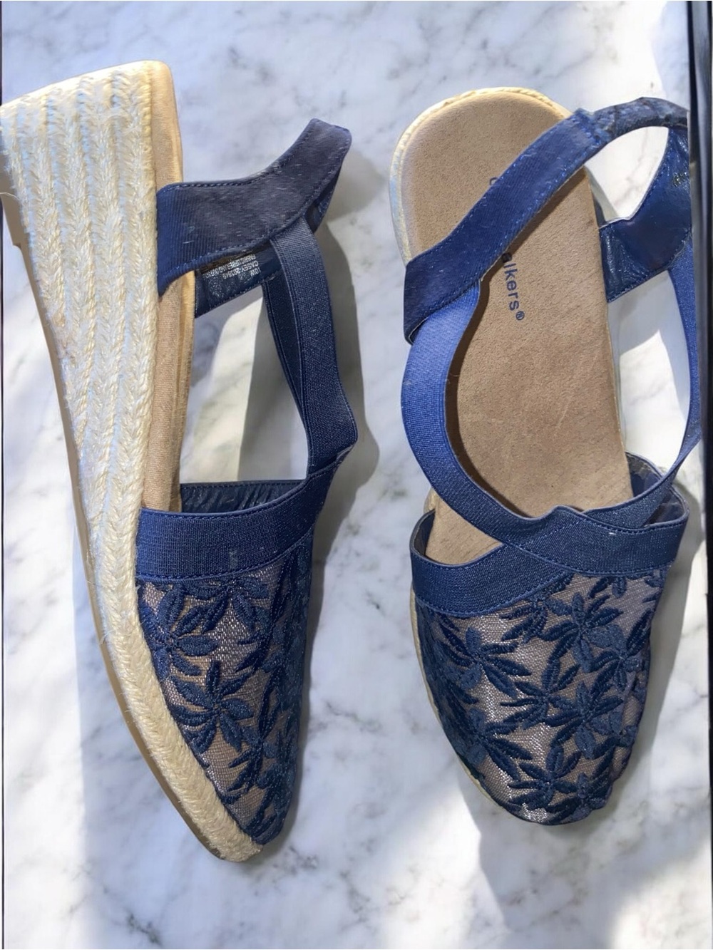 Cloudwalkers Avenue Indie Navy Blue Floral Mesh Espadrille Wedge Sandals 10W